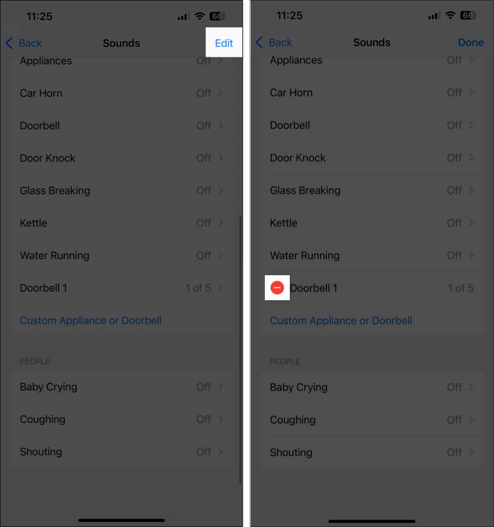 Deleting a custom sound from the Sound Recognition feature on an iPhone.