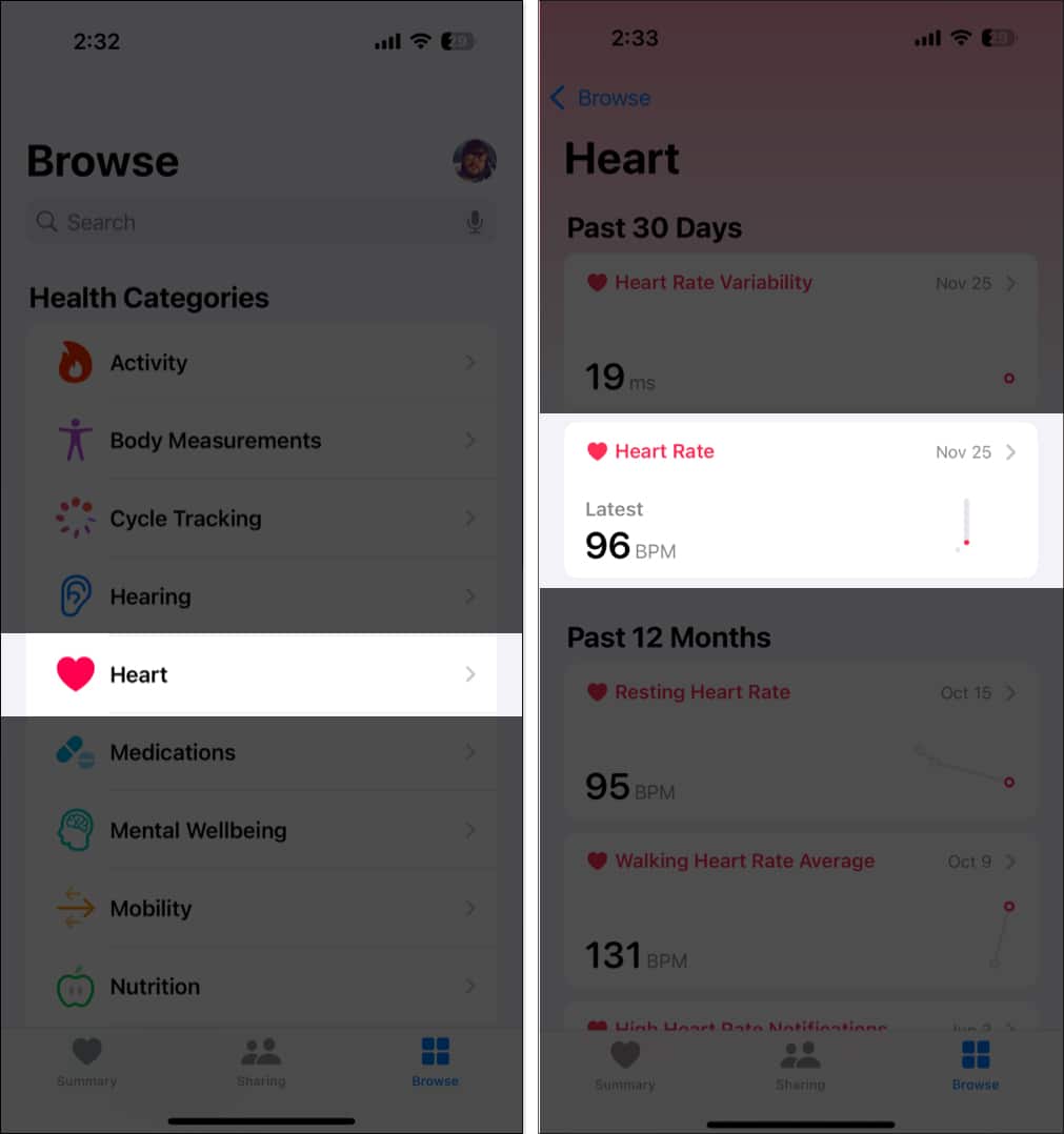 Checking heart rate in the Health app on an iPhone.