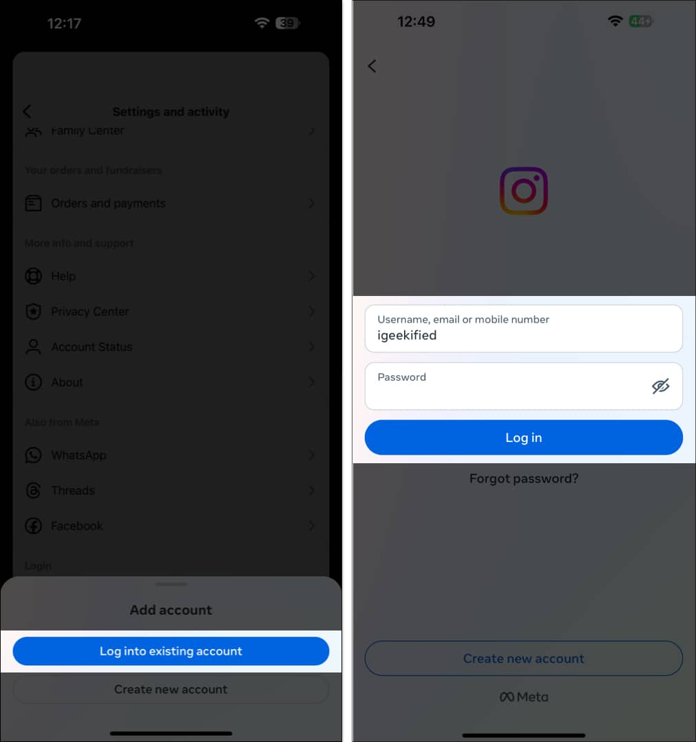 Logging in to an existing Instagram account on the iPhone app.
