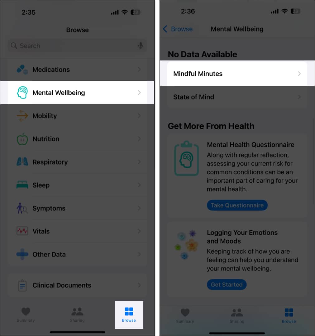 Mindful Minutes option under Mental Wellbeing in the Health app on an iPhone.