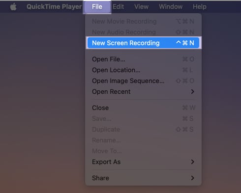 Starting a new screen recording in the QuickTime Player.