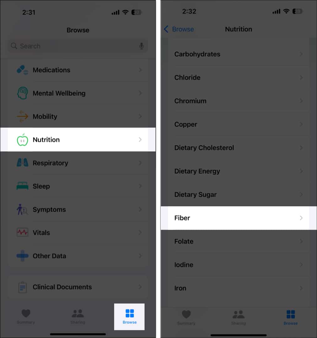 Nutrition option in the Browse tab on the iOS Health app.