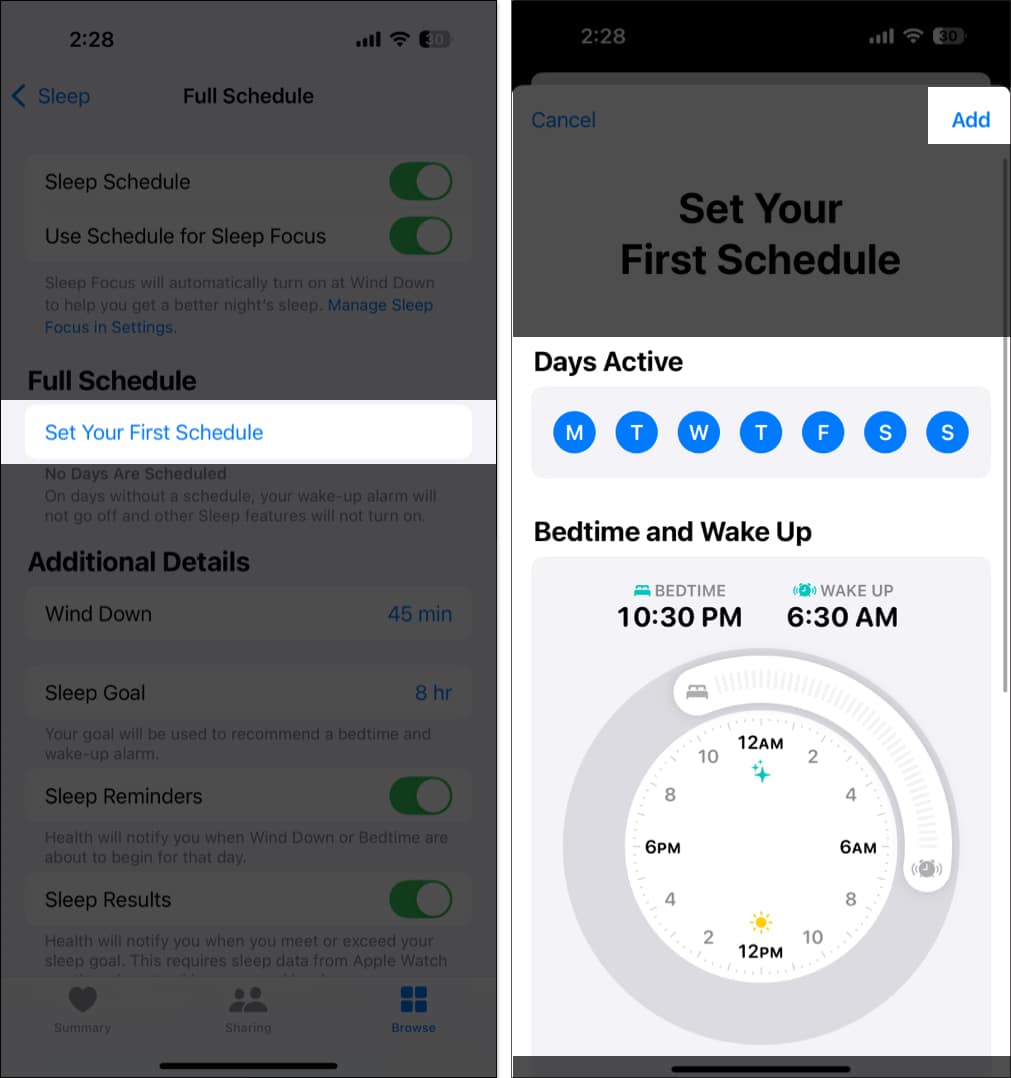 Select Set Your First Schedule to set sleep schedule on iPhone.