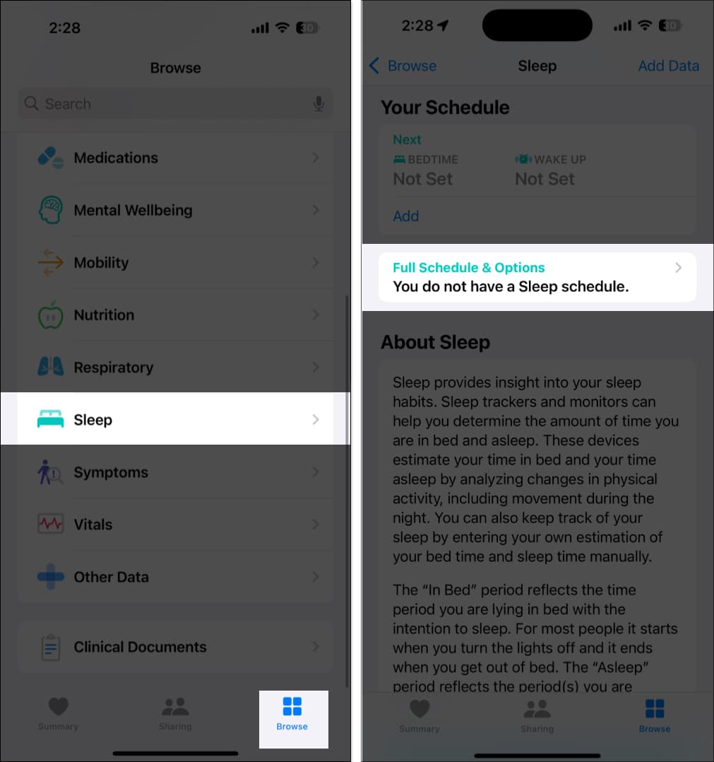Full Schedule & Options option for setting up a sleep schedule in the Health app.