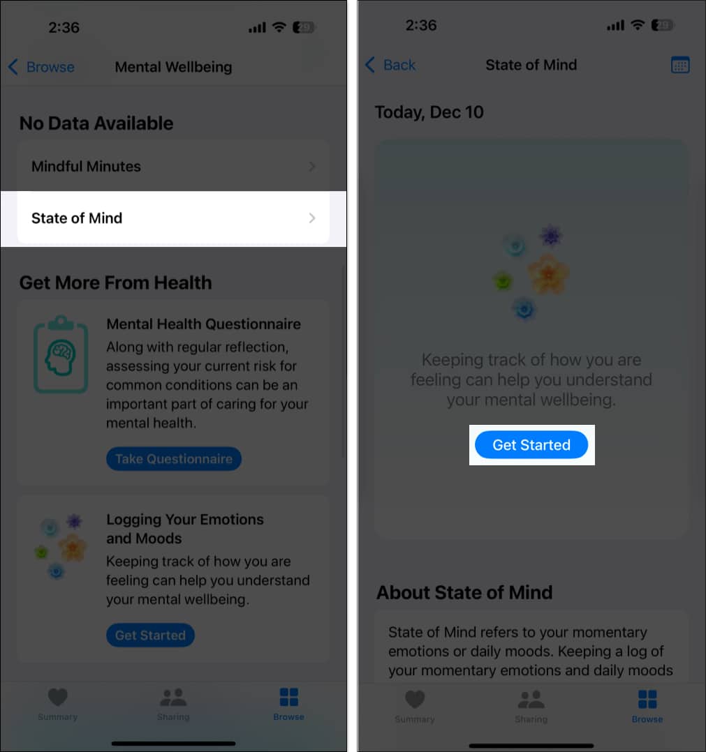 Enabling the State of Mind tracking option in Health app.