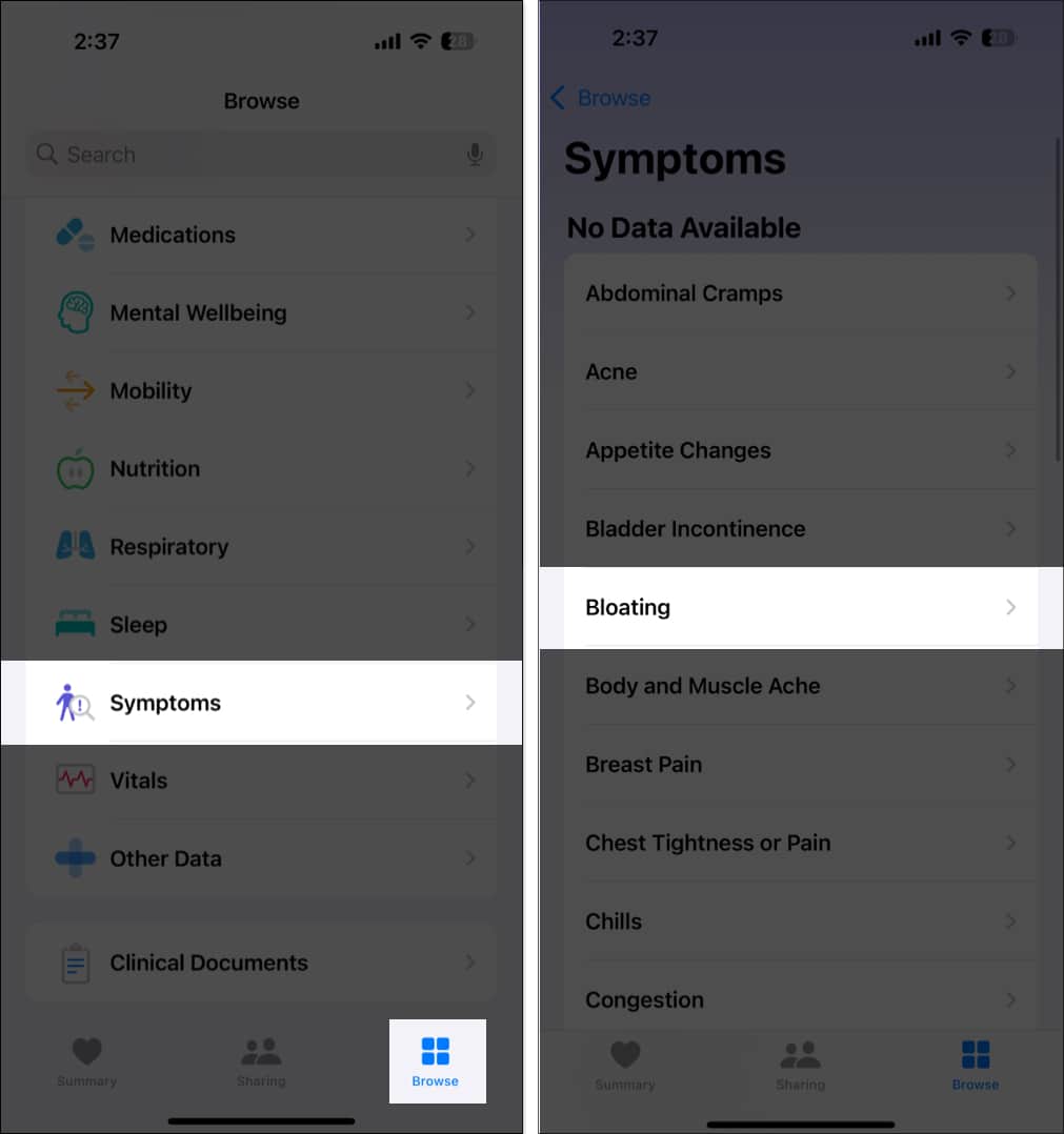 Selecting symptoms in Health app to log them.