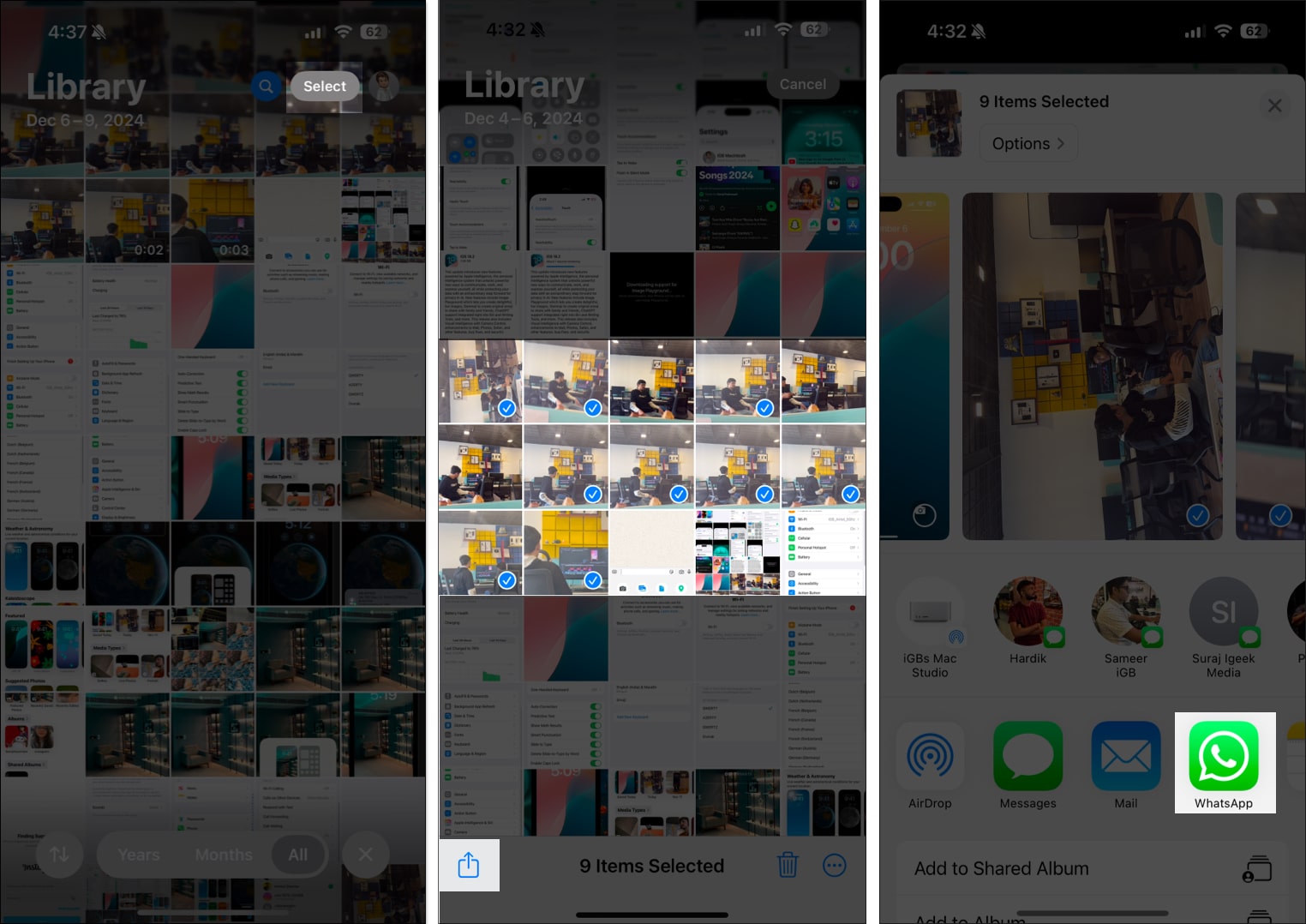 Selecting images to share in the Photos app and choosing WhatsApp in the Share Sheet.