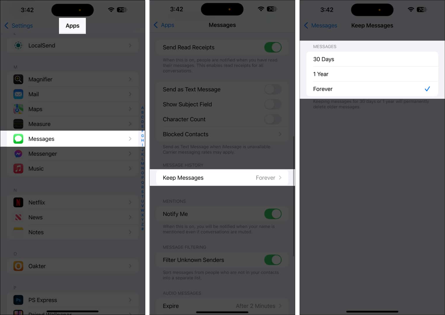 Select time period in Keep Messages settings to delete messages automatically on iPhone.