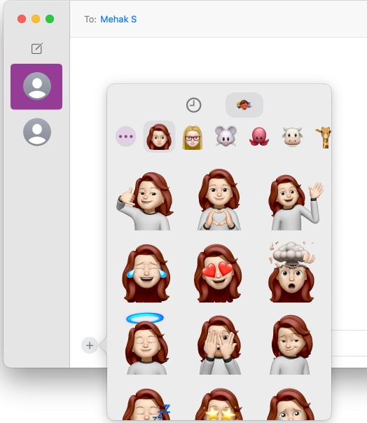 Choosing a Sticker or Memoji to send via the Messages app on a Mac.