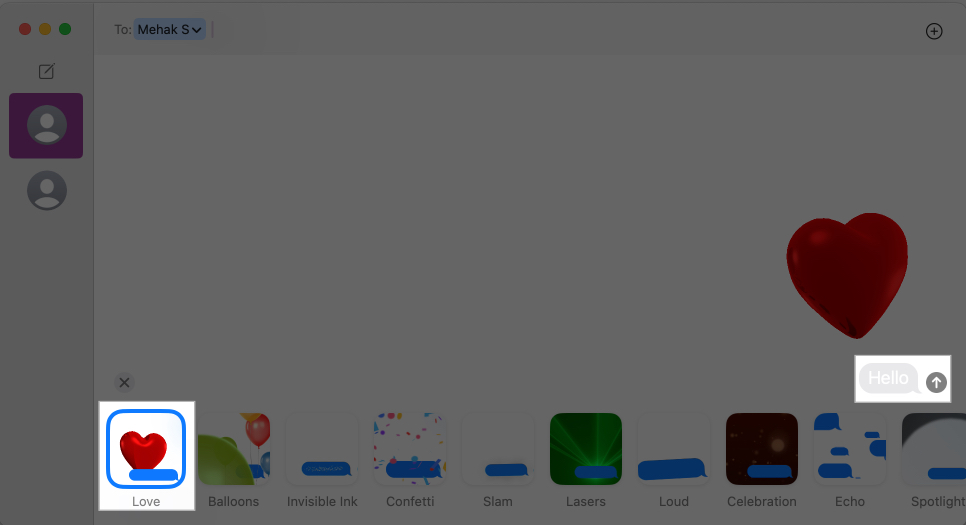 Sending a message with an effect in the Messages app on a Mac.