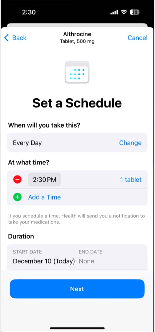 Setting a schedule for a medication in the Health app.