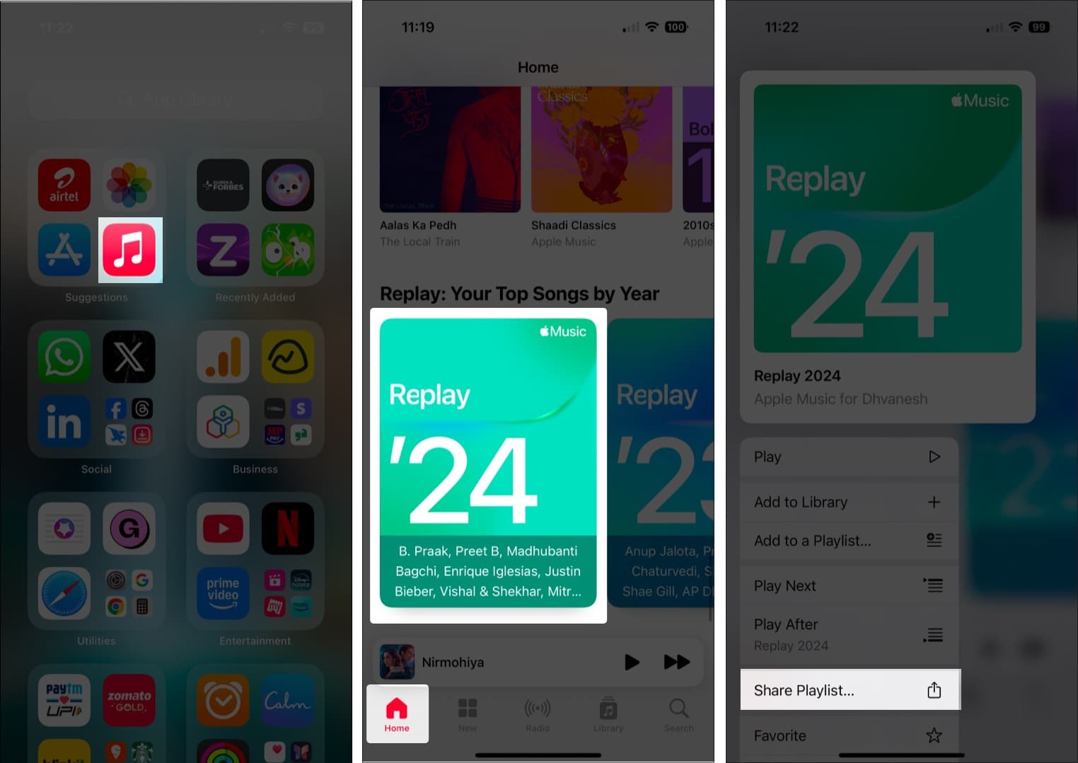 Sharing Apple Music Replay playlist on an iPhone.