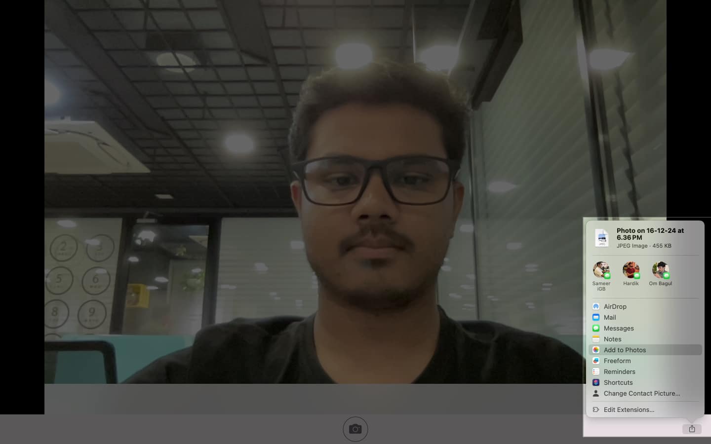 Share options for a photo captured using Photo Booth on a Mac.