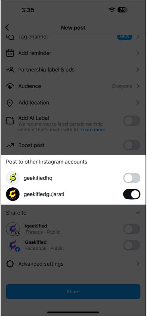 Sharing a post to different Instagram accounts simultaneously on the iPhone app.