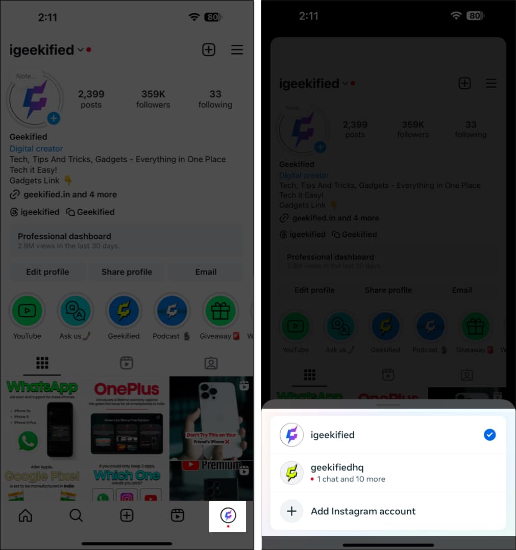 Switching between added accounts on the iOS Instagram app by double-tapping the profile button.
