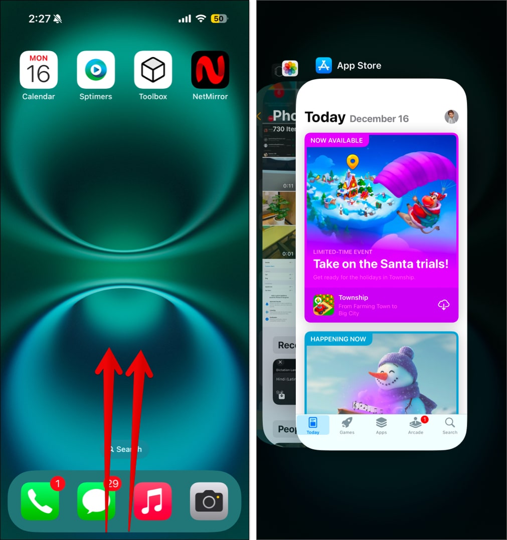 Accessing App Switcher on an iPhone to switch between open apps.