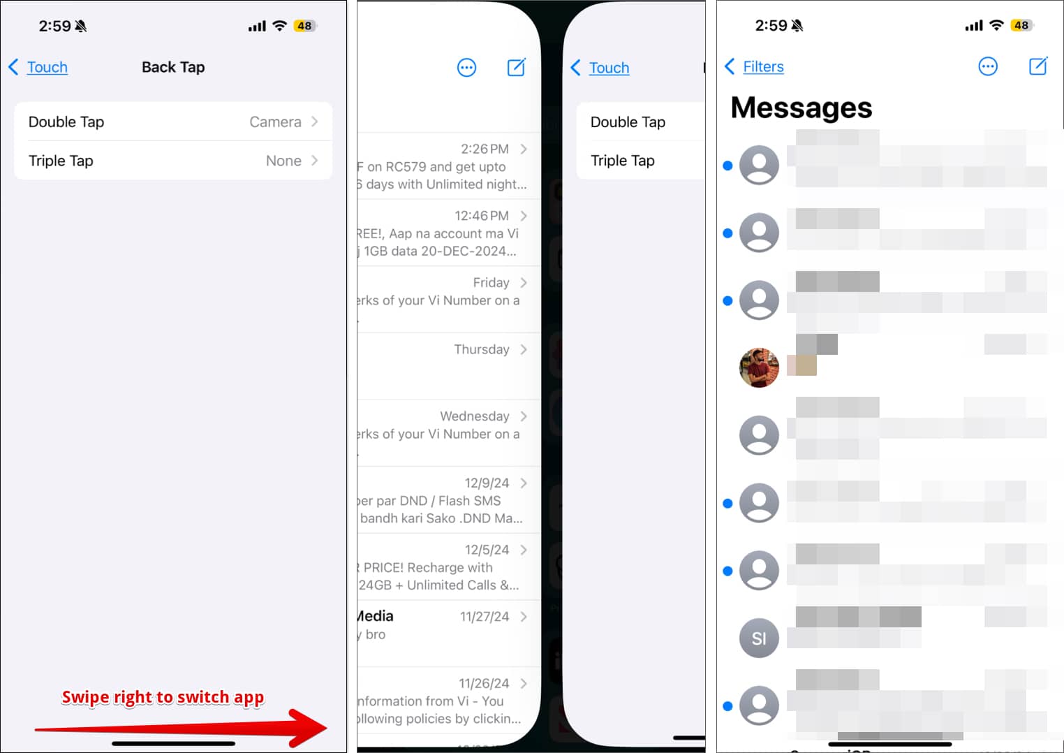 Using the horizontal bar at the bottom of the screen on an iPhone to switch between apps.