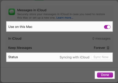 Syncing Messages to iCloud on a Mac.