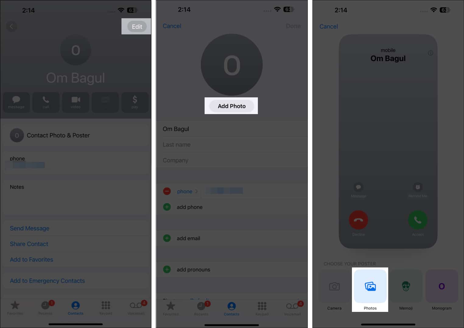 Tap Add Photo button for a contact in Phone app on iPhone.