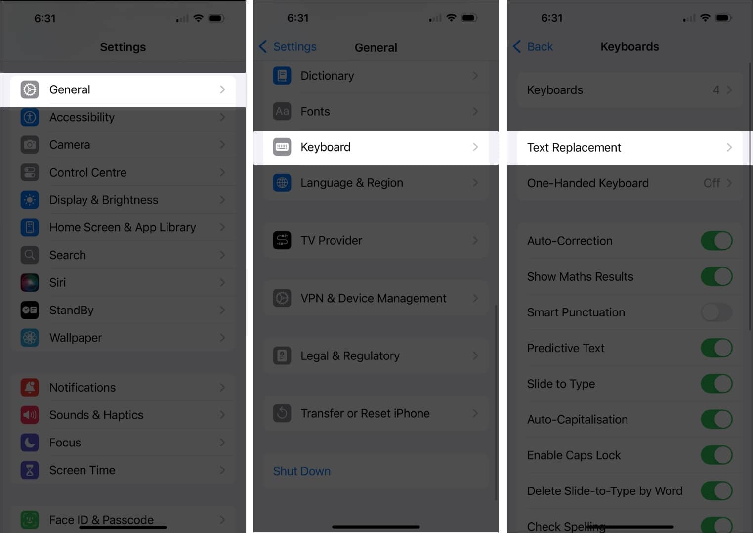 Accessing the Text Replacement page in iPhone Settings app.
