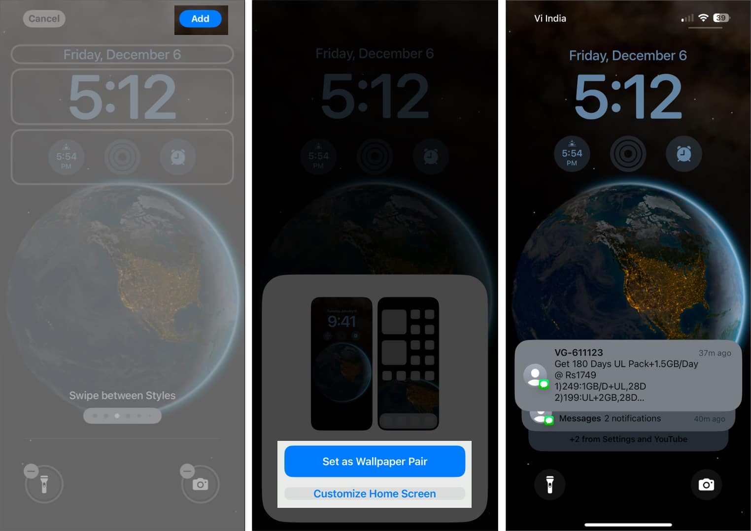 Set as Wallpaper Pair and Customize Home Screen options on the iPhone wallpaper customization screen.