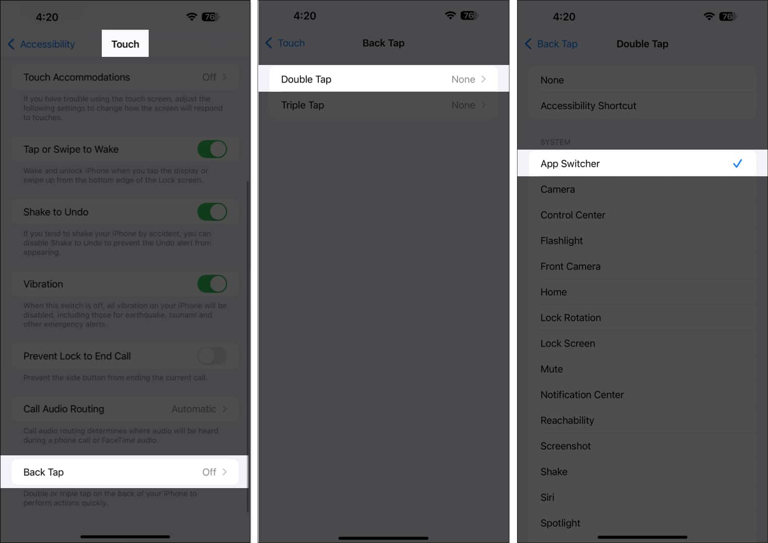 Setting the Double Tap Back Tap gesture to open App Switcher on an iPhone.