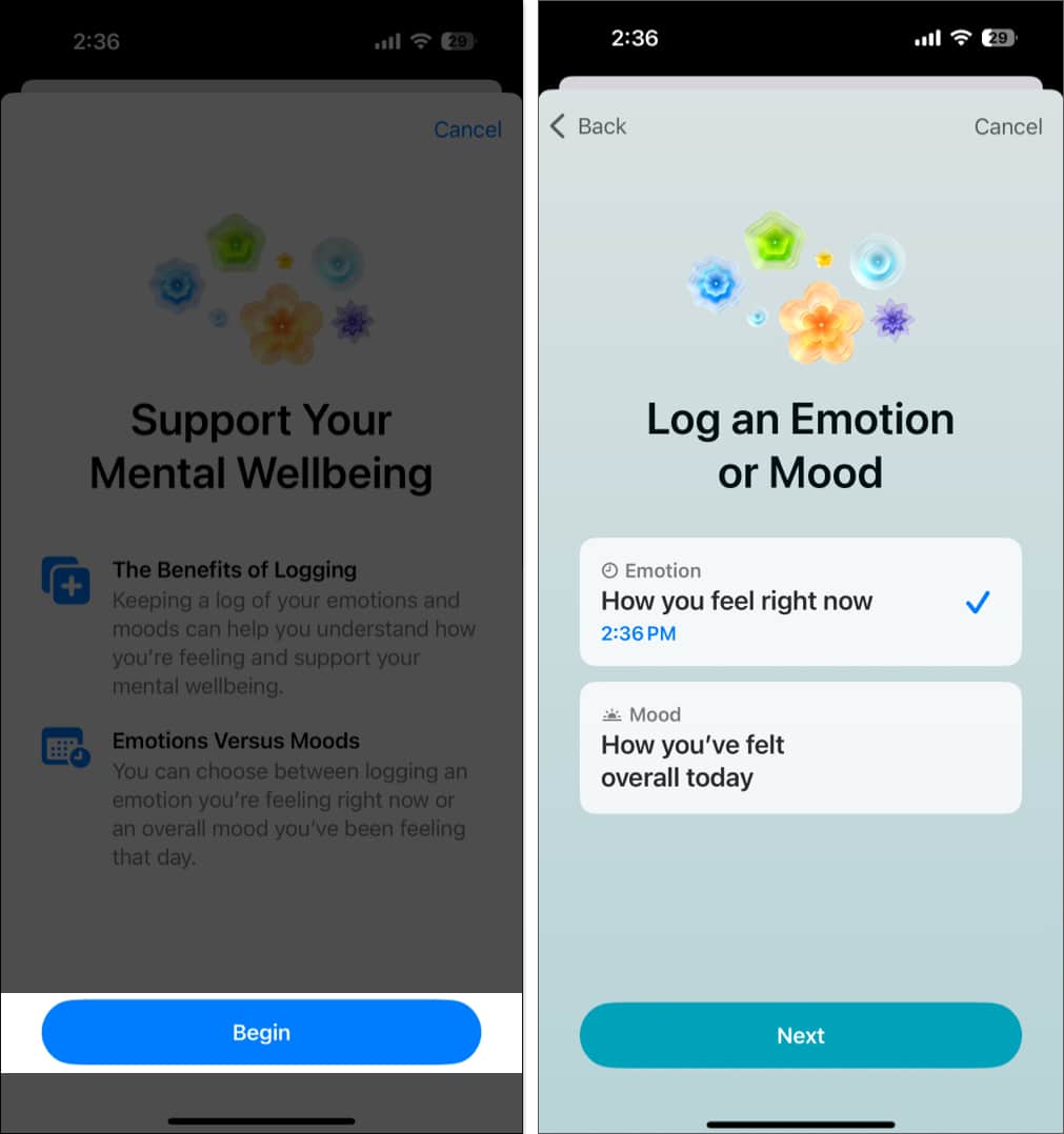 Log an Emotion or Mood option in the Health app on an iPhone.