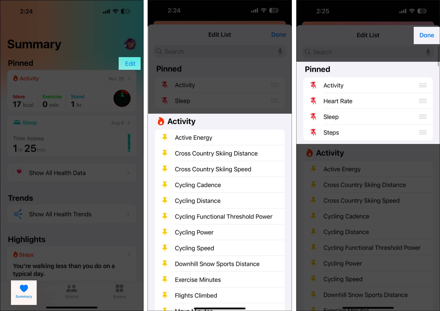 Pinning health metric to the Summary tab in the Health app on an iPhone.