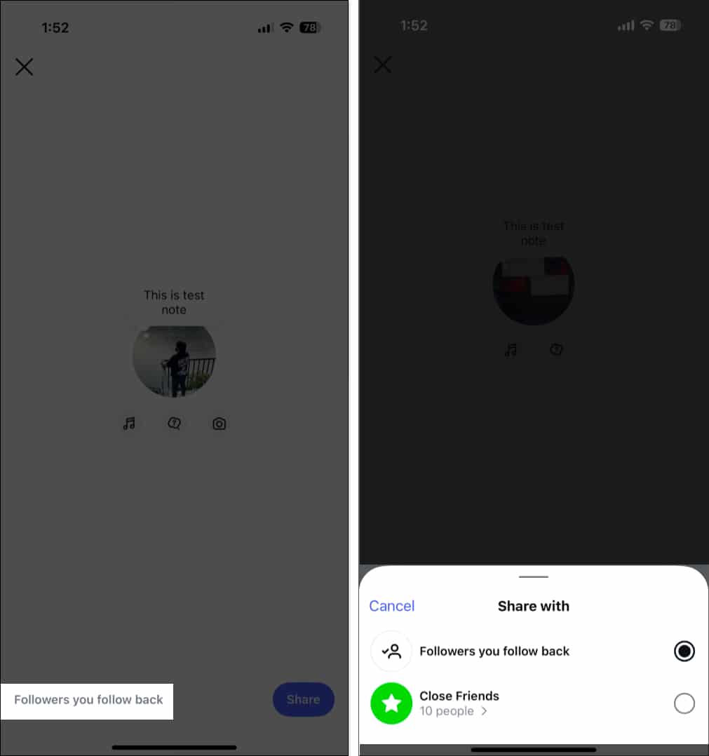 Tap on Followers you follow back before Share button to choose audience from the pop up menu on Instagram.