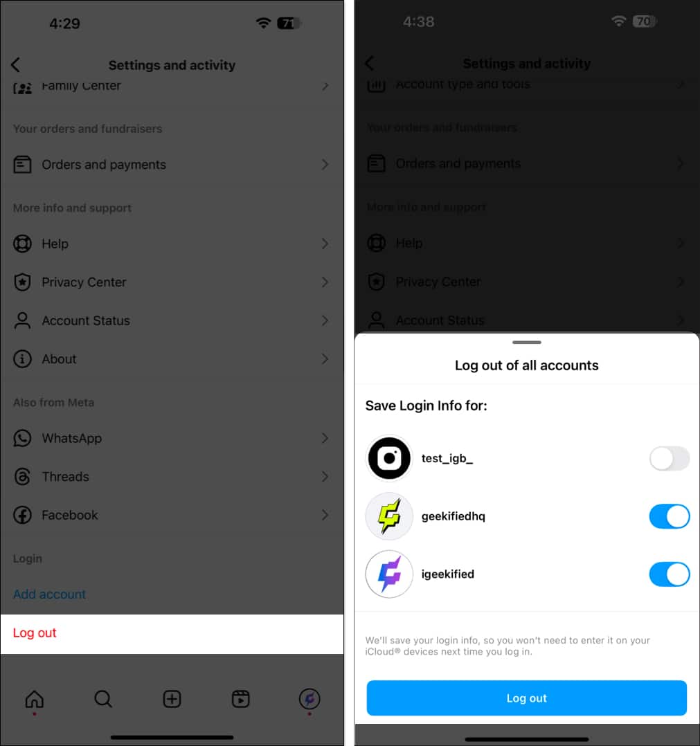 Logging out of added Instagram accounts on the iOS app.