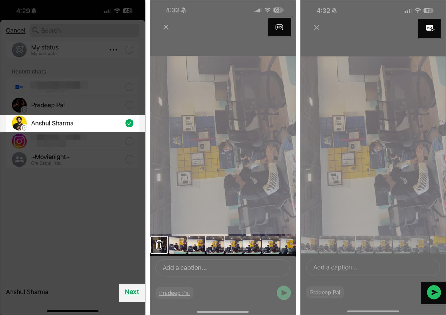 Choosing the contact, changing the quality of selected images to HD, and sending them on WhatsApp for iPhone.