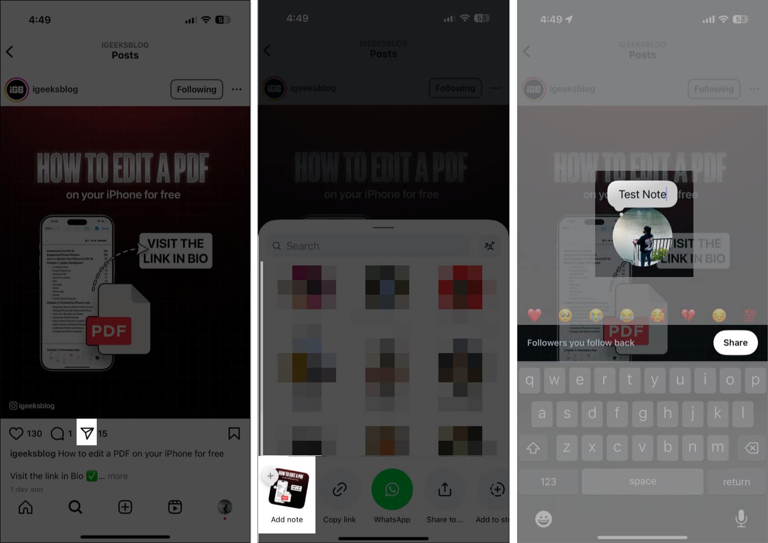 Tap on Share icon on Instagram post and select Add note option from the Share Sheet.