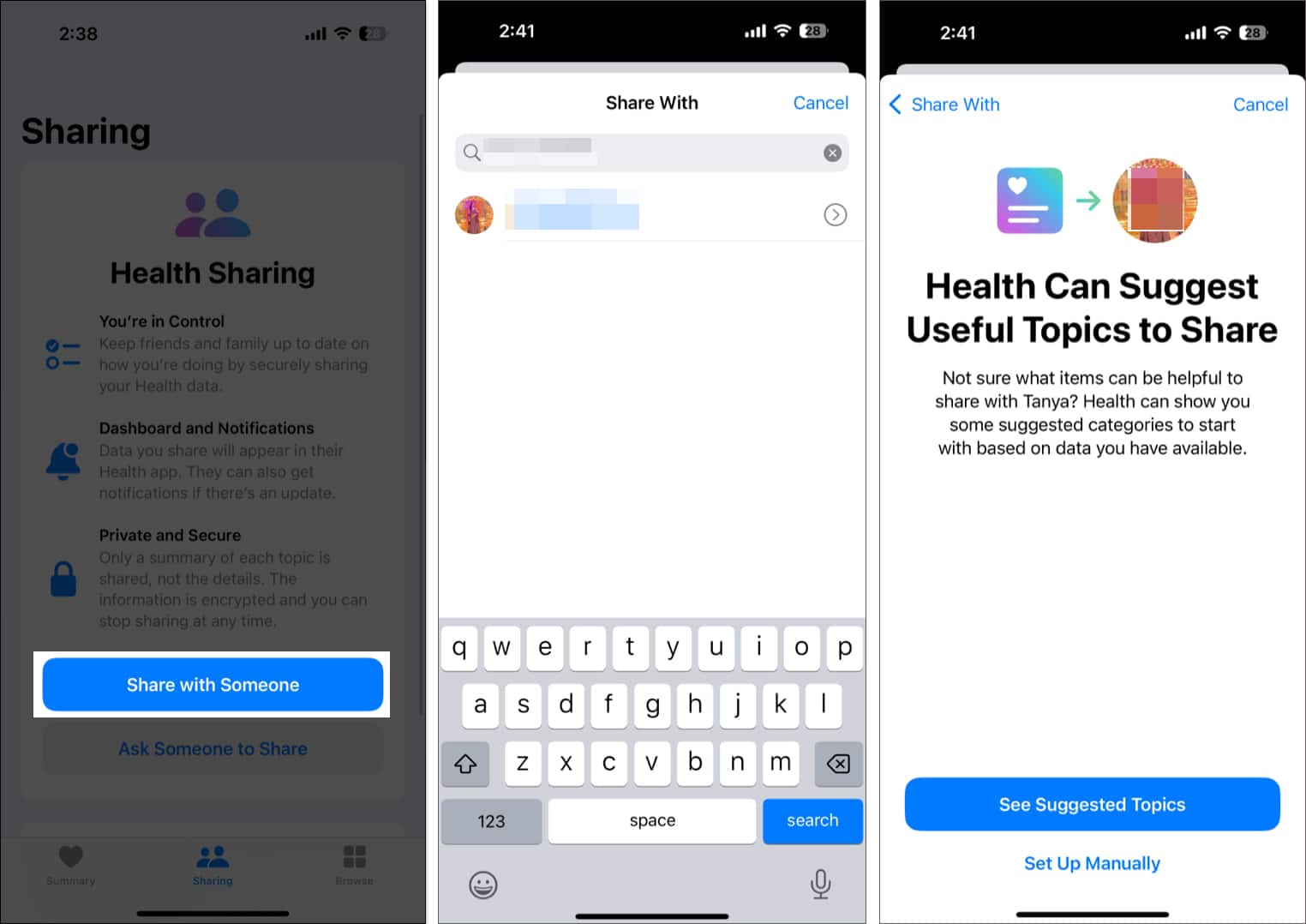 Setting up health data sharing in the Health app on an iPhone..
