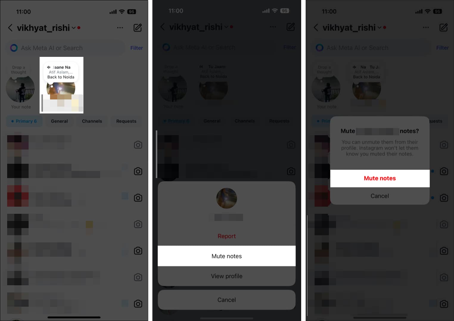 Tap on a Note from Instagram DM section and select Mute notes option from the pop up on iPhone.