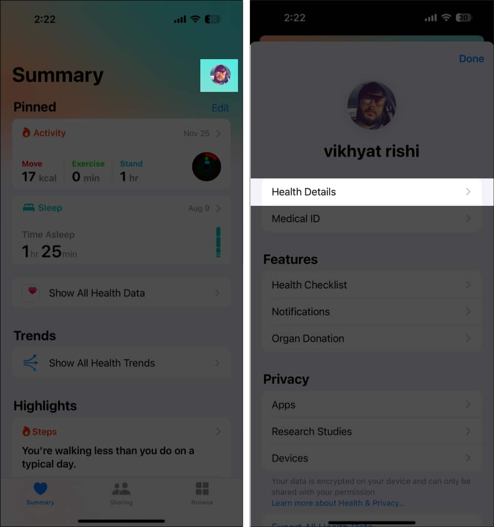 Accessing Health Details in the Health app on an iPhone.