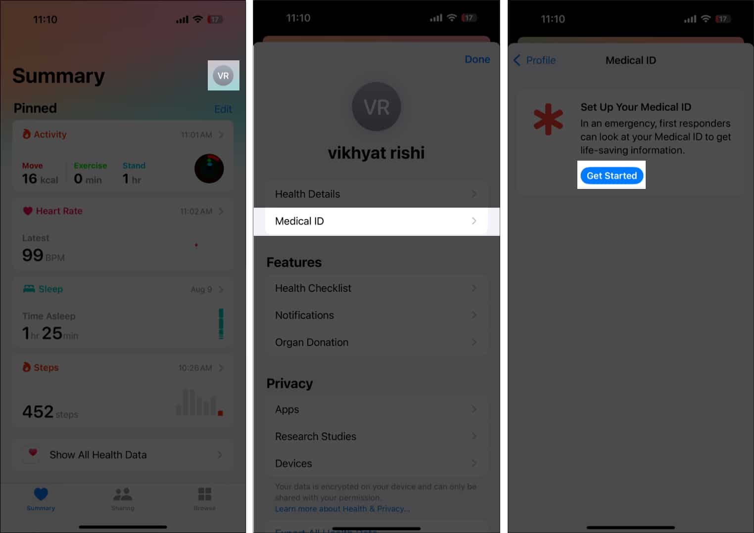 Tap on profile picture in Health app and select Medical ID on iPhone.