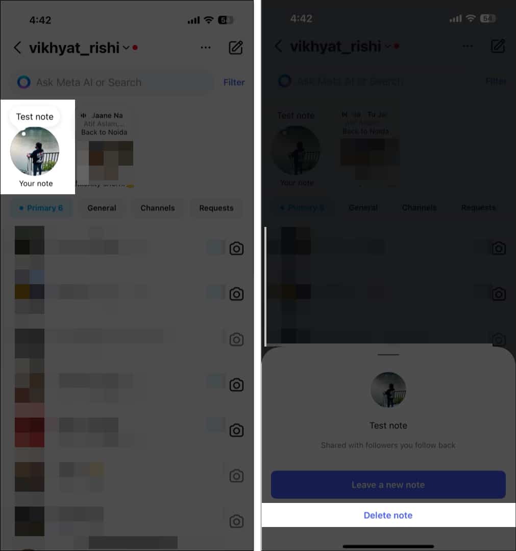 Tap on your Note and select Delete note from the pop up menu on Instagram.