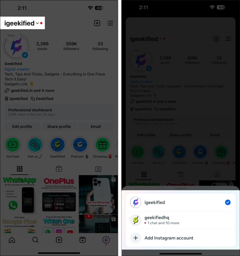Switching between added accounts on the iOS Instagram app from the profile page.