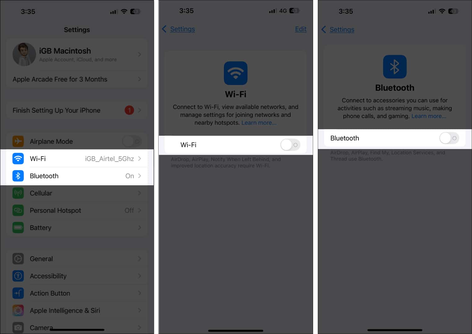 Toggle off Wifi and Bluetooth from iPhone settings.