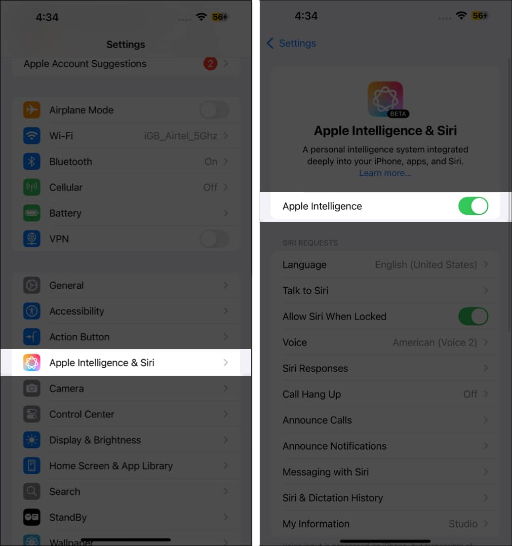 Enabling Apple Intelligence on an iPhone via the Settings app.