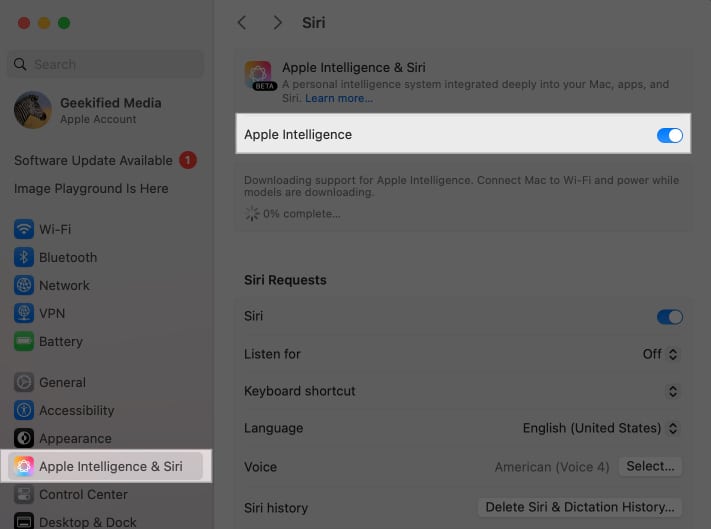 Toggling on Apple Intelligence from the System Settings on a Mac.
