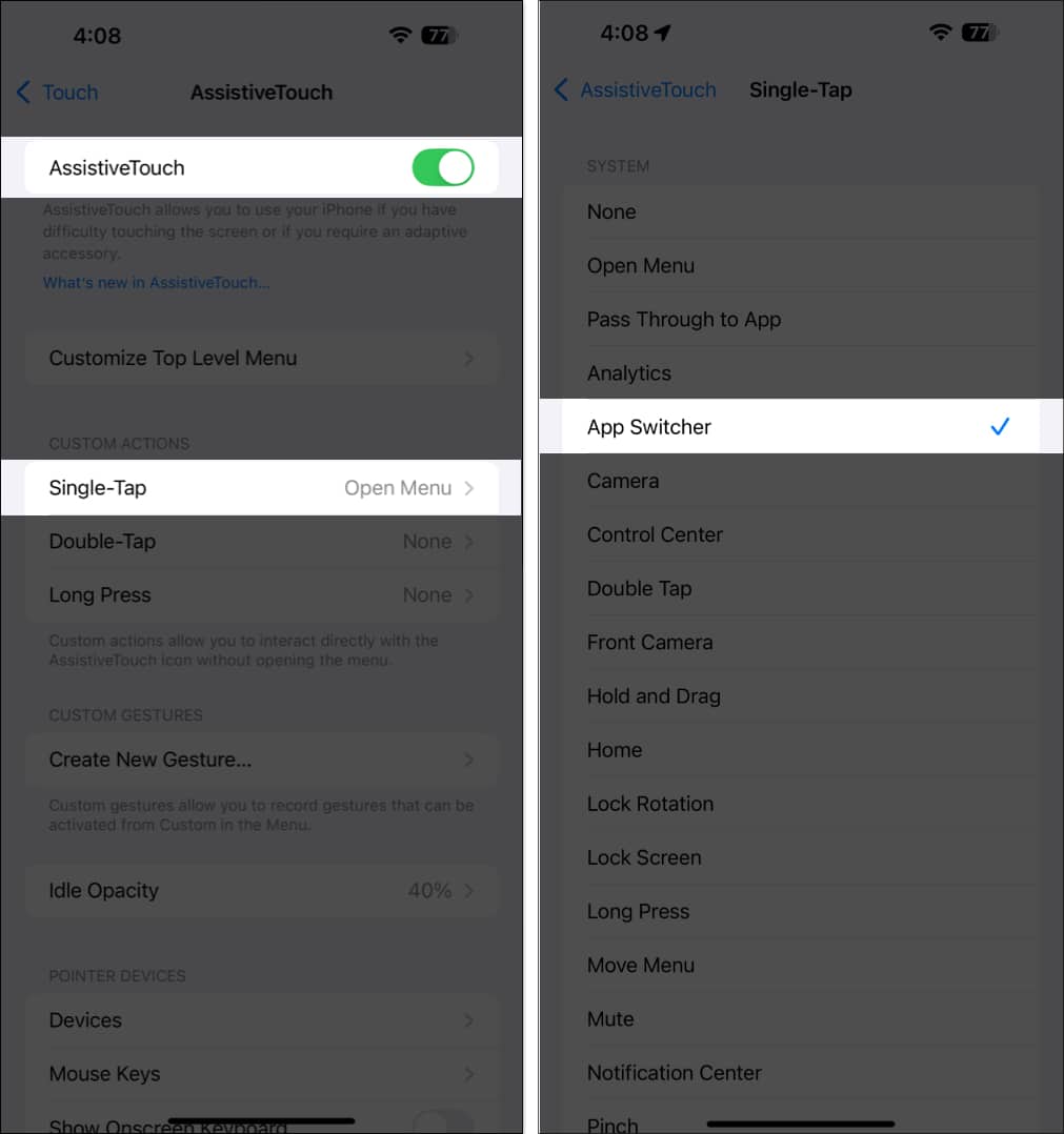 Toggling on AssistiveTouch and setting the Single-Tap action to open App Switcher.