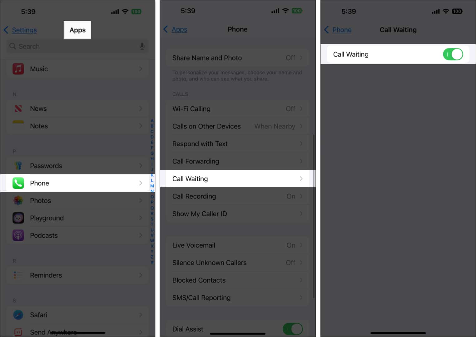 Toggling on the Call Waiting feature in the iPhone Settings app.