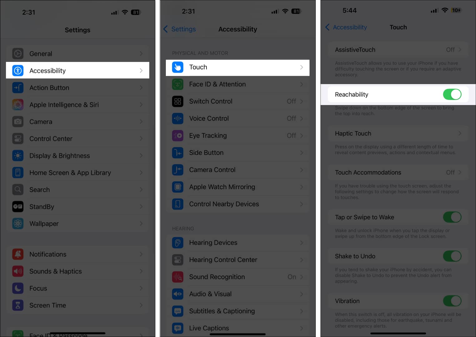 Toggle on Reachability from Accessibility settings on iPhone.