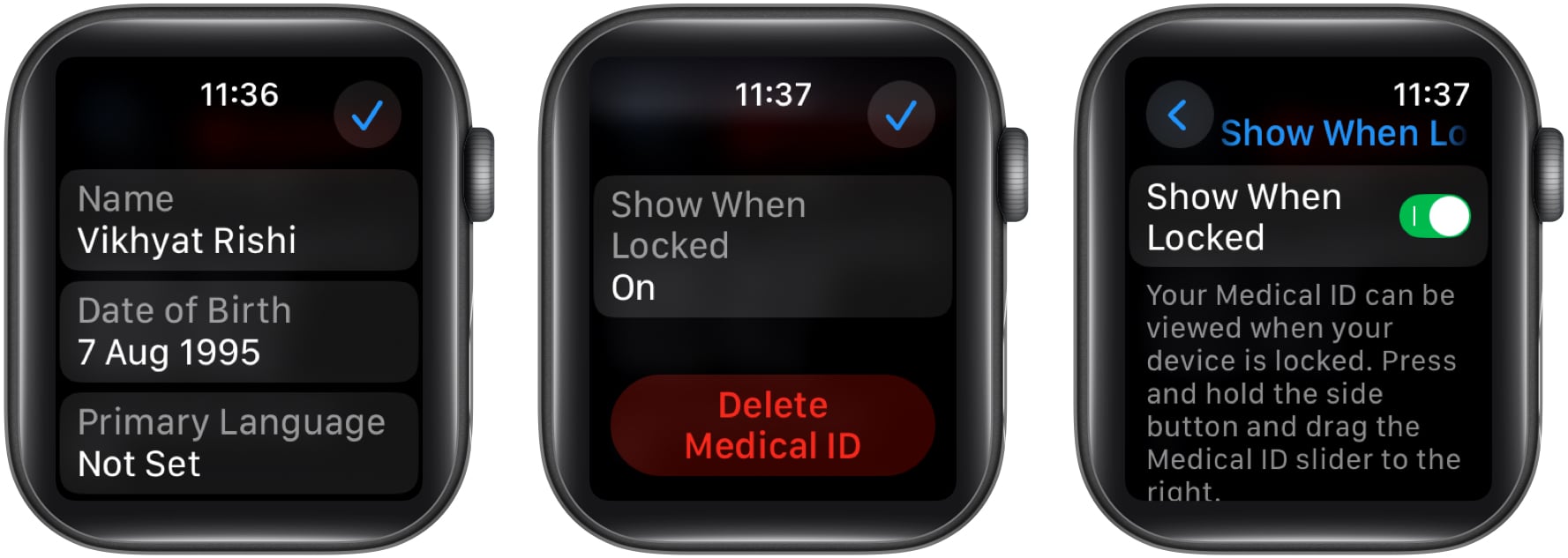 Toggle on Show When Locked after entering your details on Apple Watch Health settings.