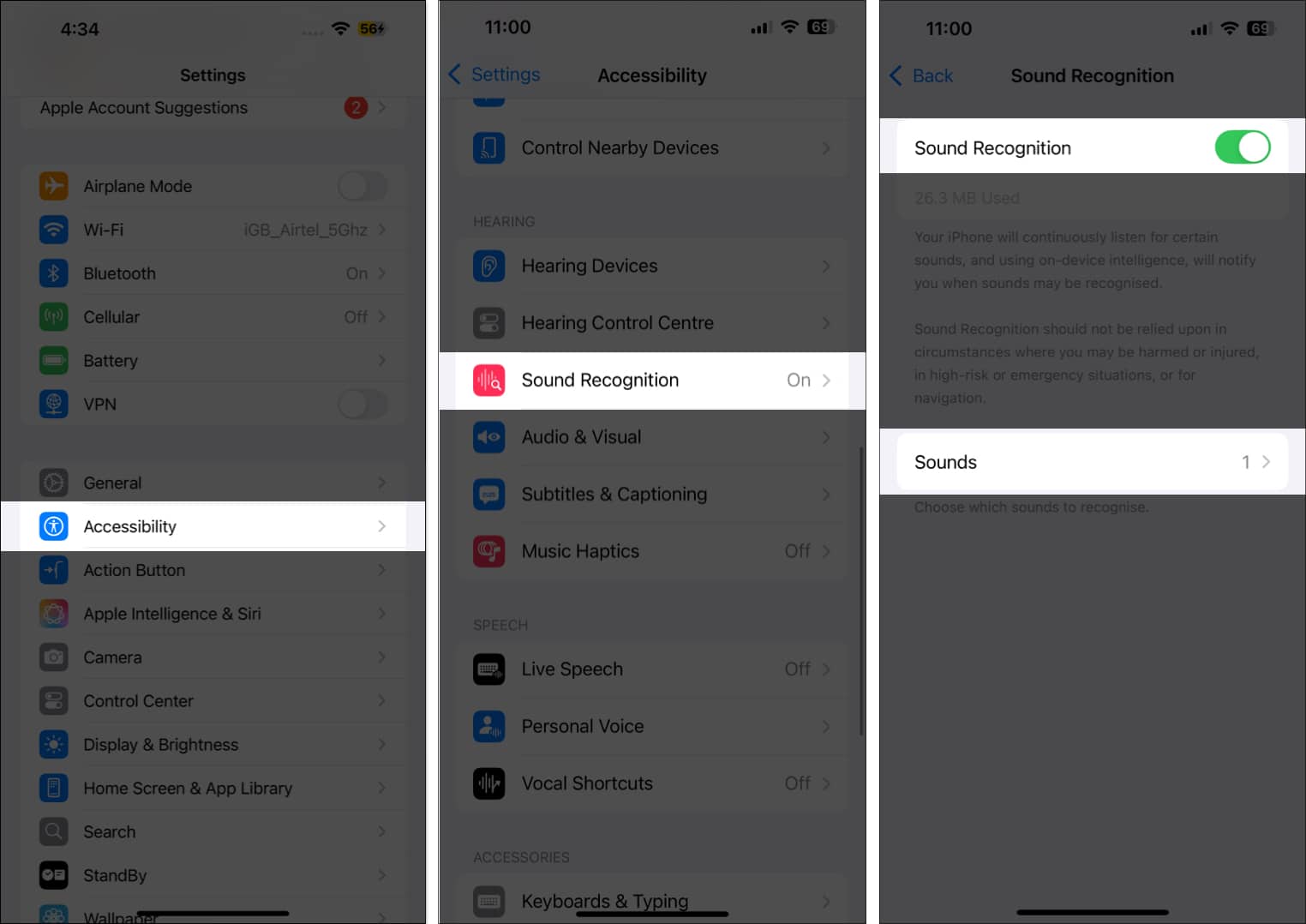Toggling on the Sound Recognition feature from Accessibility settings on an iPhone.