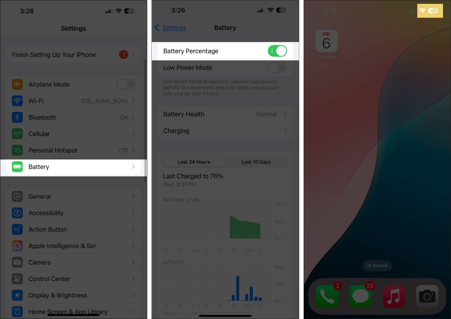 Toggling on Battery Percentage from iPhone settings app.
