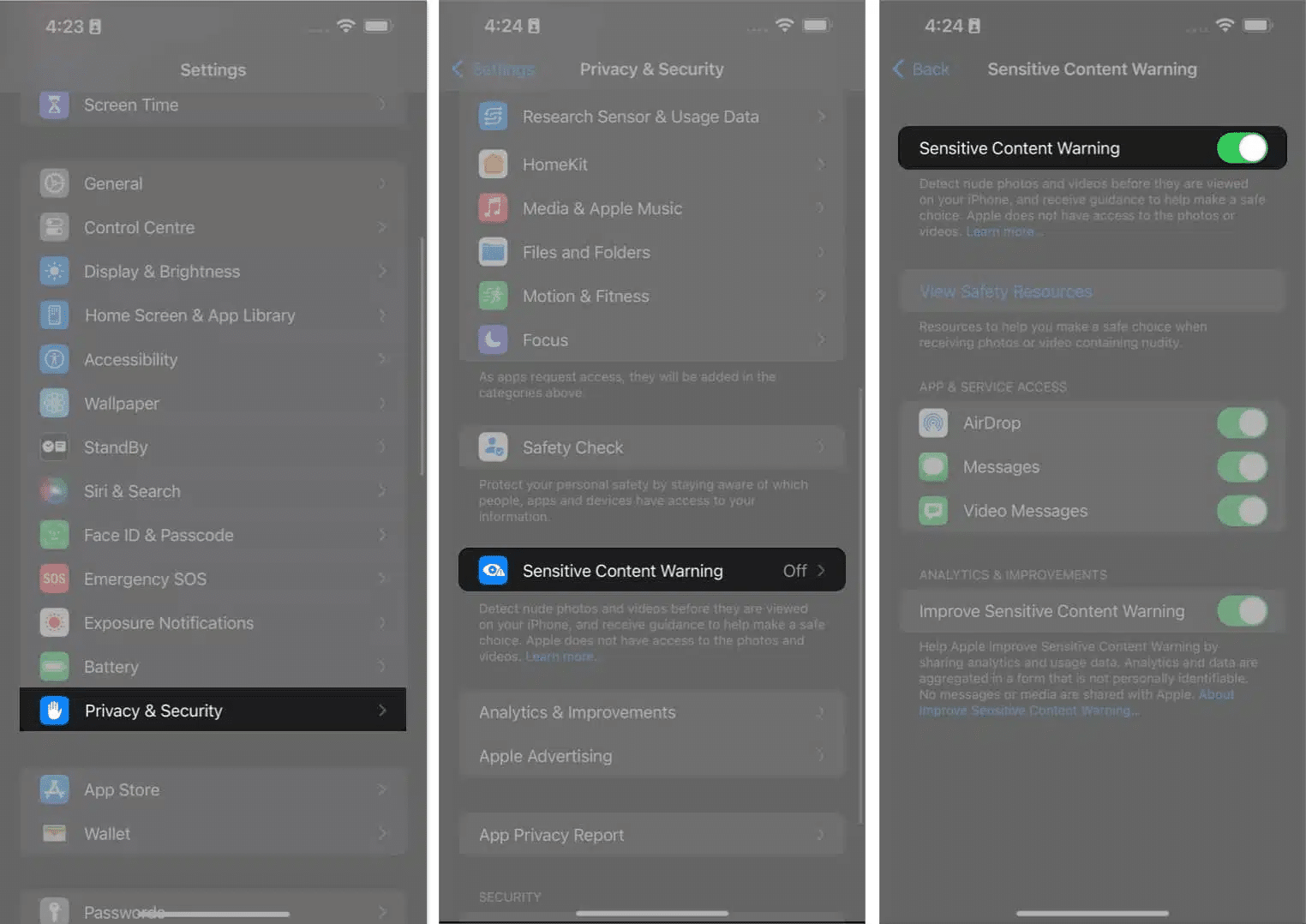 Toggling on Sensitive Content Warning from Privacy and Security settings on iPhone.