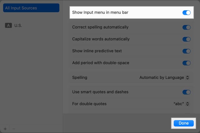 Enabling the Show Input Menu in the Menu Bar option in macOS System Settings.