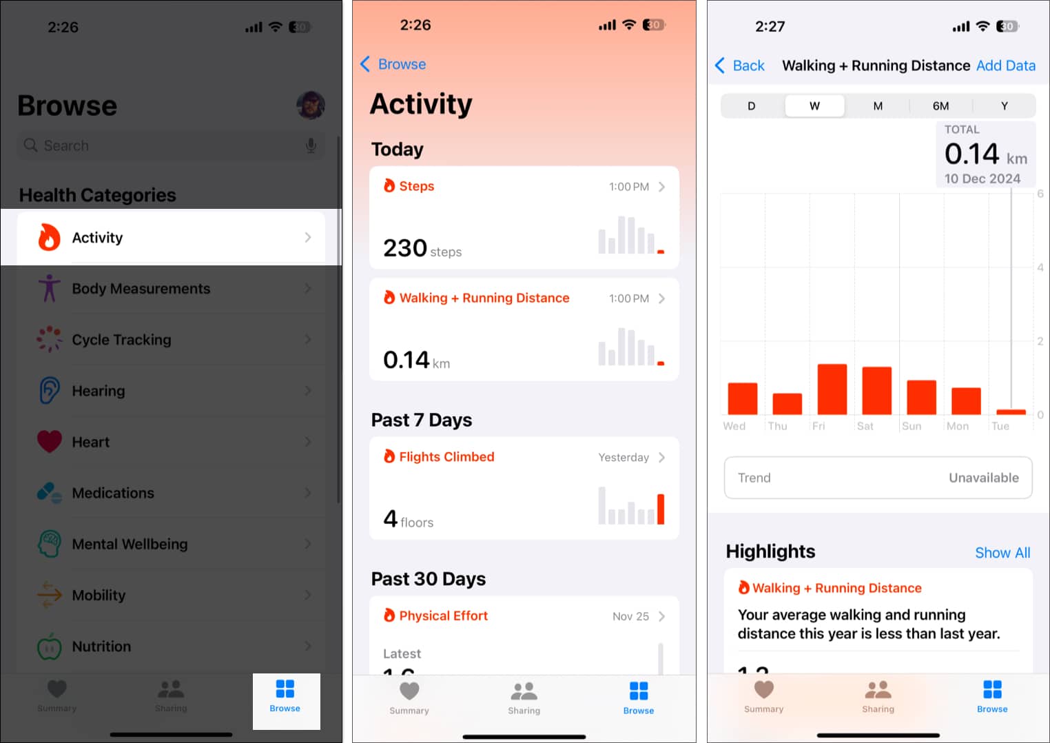 Track your activity by selecting Activity option from Browse tab in Health App.